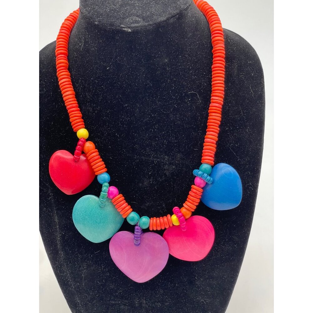 Vintage 1980s Dyed Wooden Bead Necklace with wood hearts 22